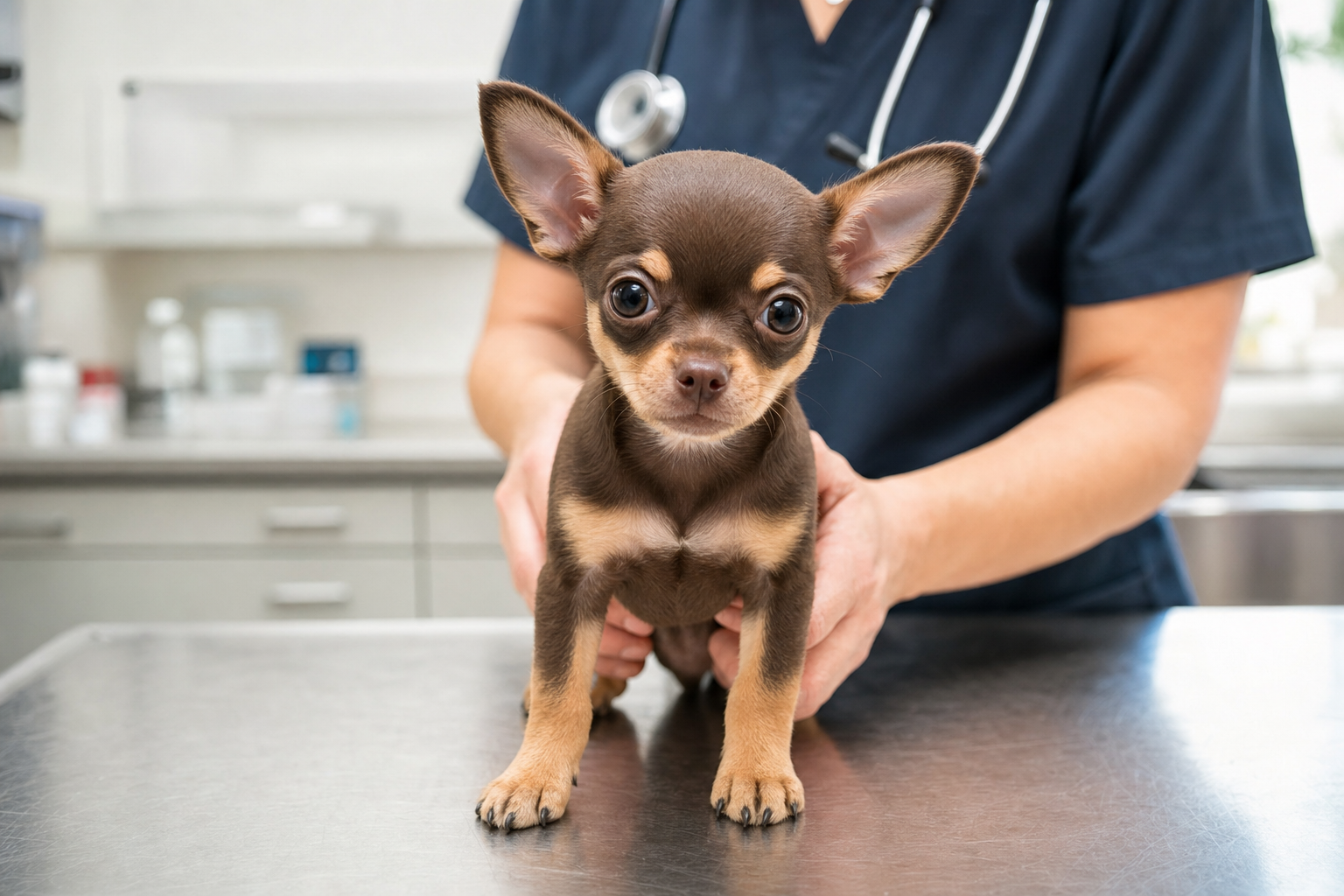 A healthy long-hair Chihuahua sitting attentively on a veterinarian's examination table during a wellness check-up.