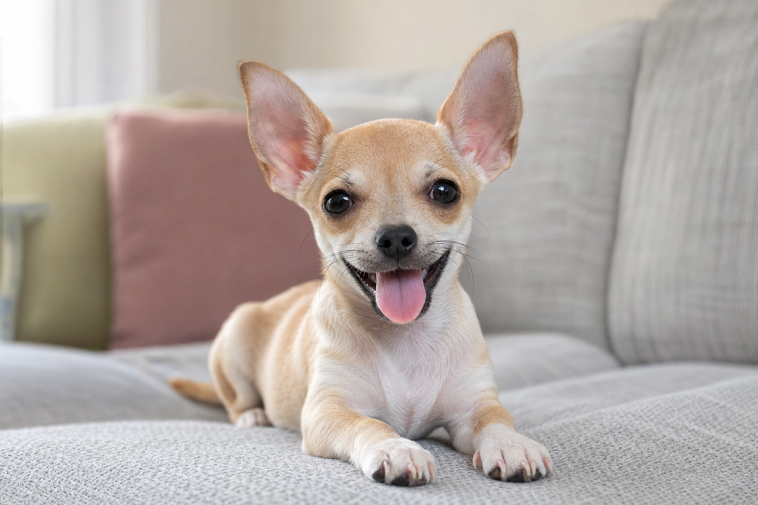 A tiny long-hair Chihuahua puppy exploring a green summer lawn under supervision, looking curious and alert.