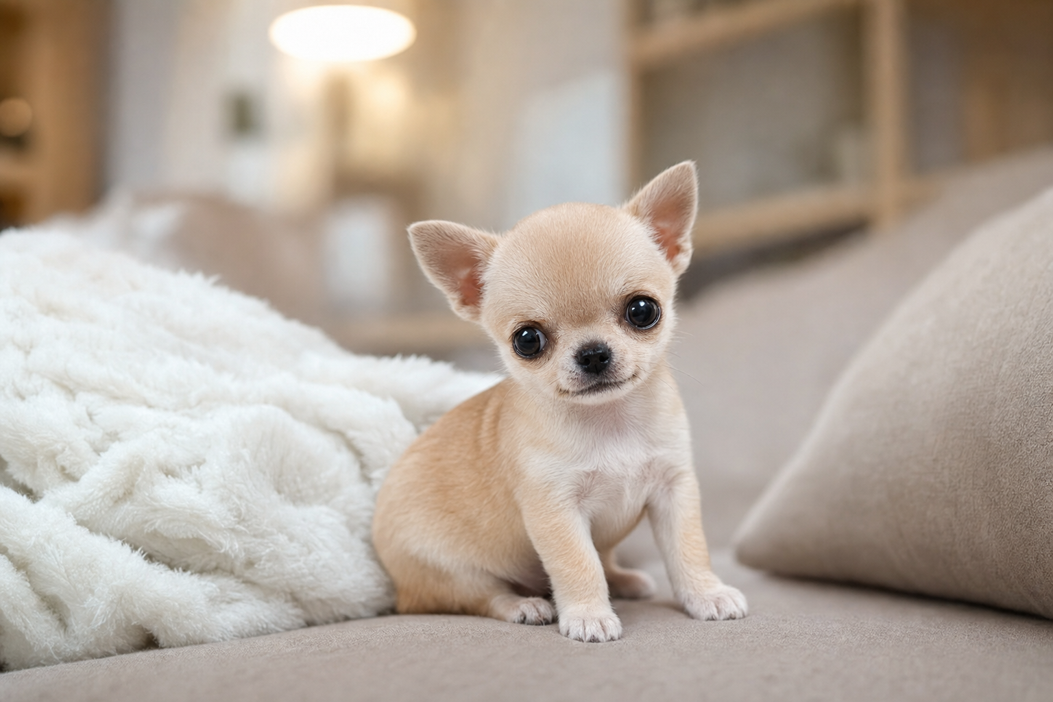 A curious apple head Chihuahua puppy, showcasing the breed's distinct temperament, sitting on a soft blanket.