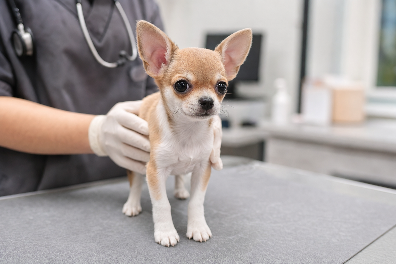 A healthy Long Hair Chihuahua sitting calmly on a veterinarian's examination table during a summer wellness check-up.