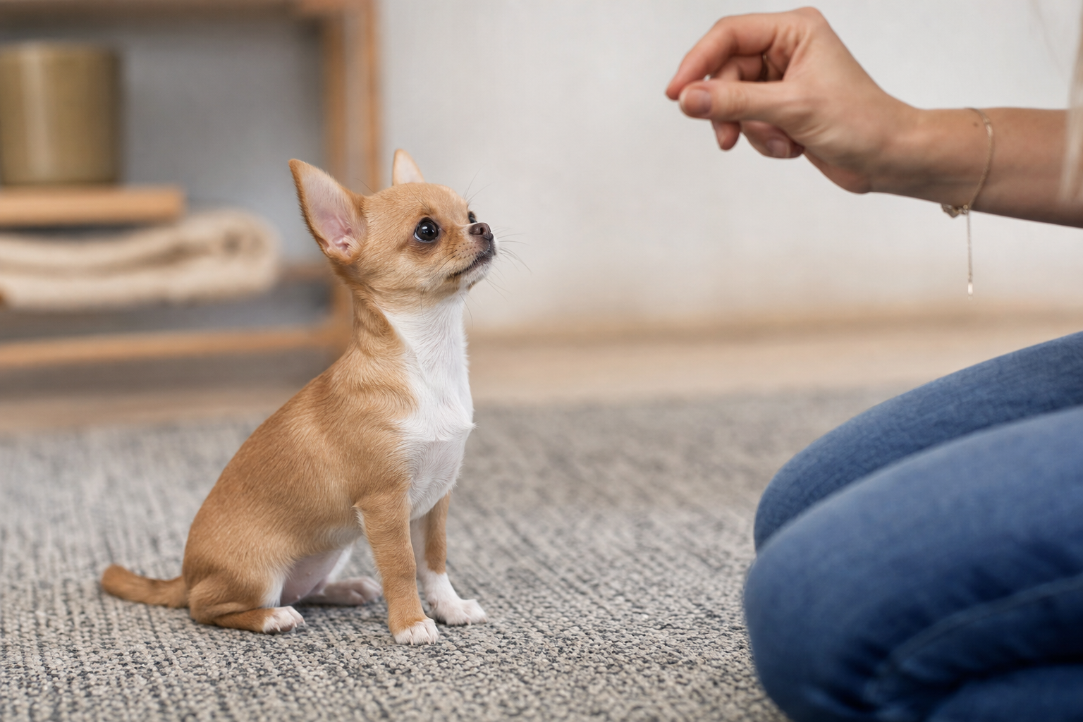 A Long Hair Chihuahua puppy looking attentively at its owner during a positive reinforcement training session with a treat.