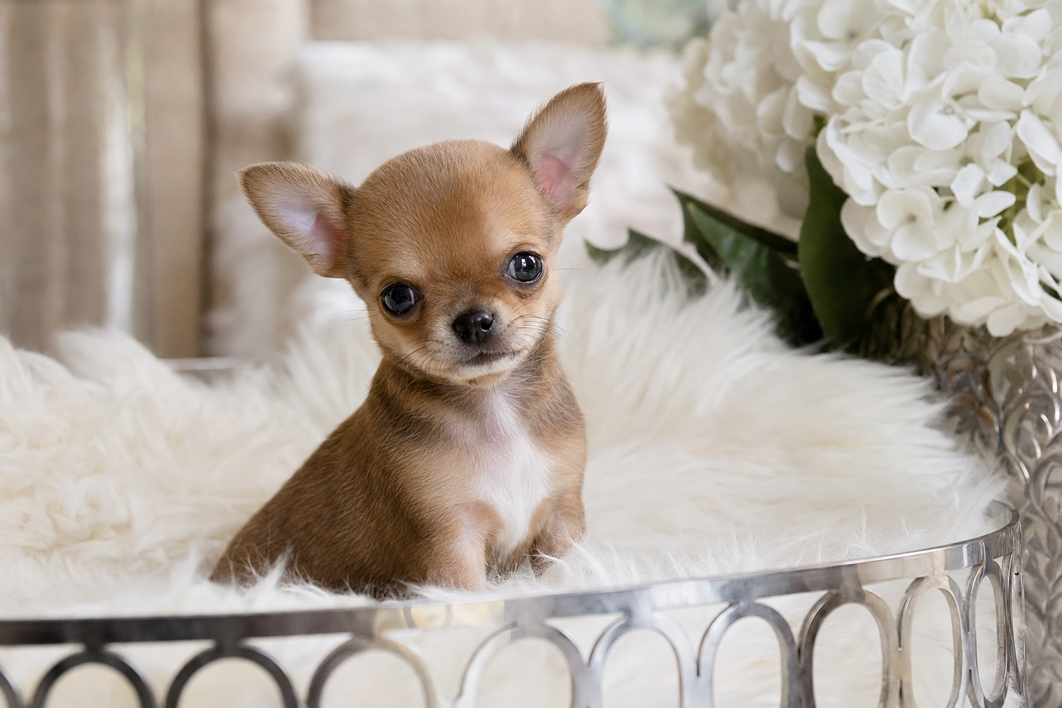 A beautiful long hair Teacup Chihuahua puppy stands on a rug, showcasing the full-grown size of a Teacup Chihuahua.