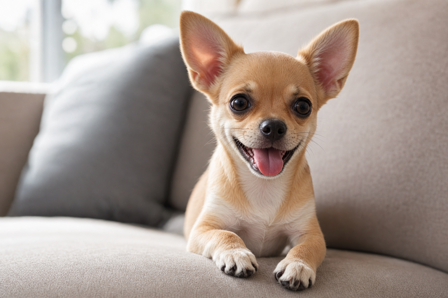A tiny Apple Head Chihuahua puppy carefully exploring a soft green lawn on a sunny summer day, looking curious and alert.