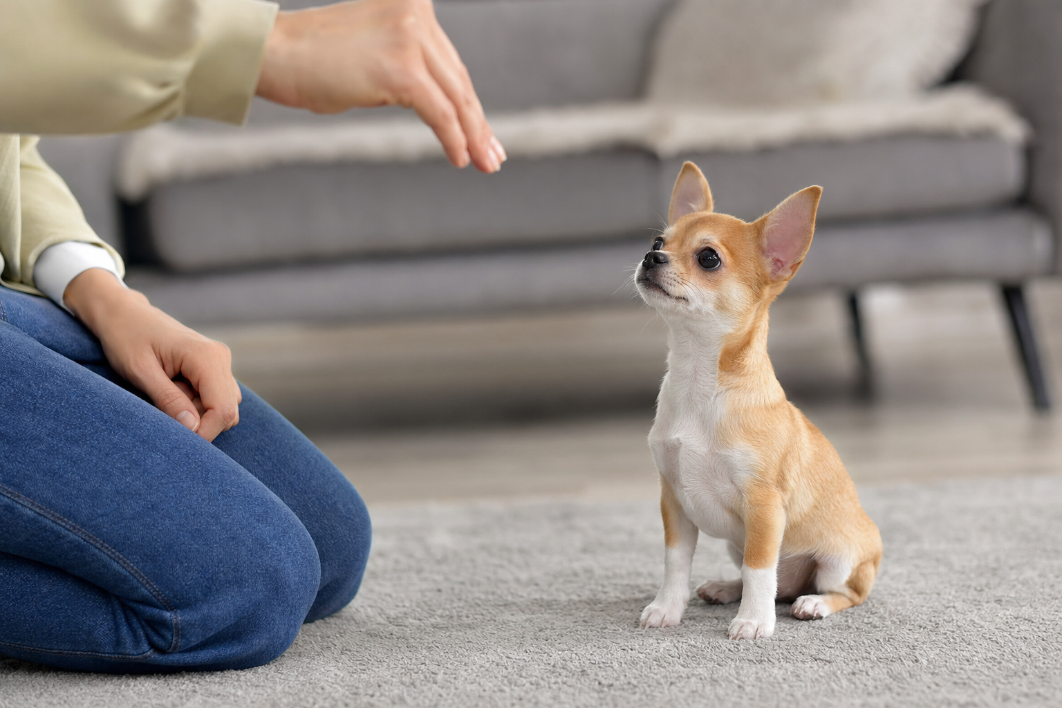 A long-hair Chihuahua puppy sitting attentively on a green lawn, looking up at its owner during a training session.