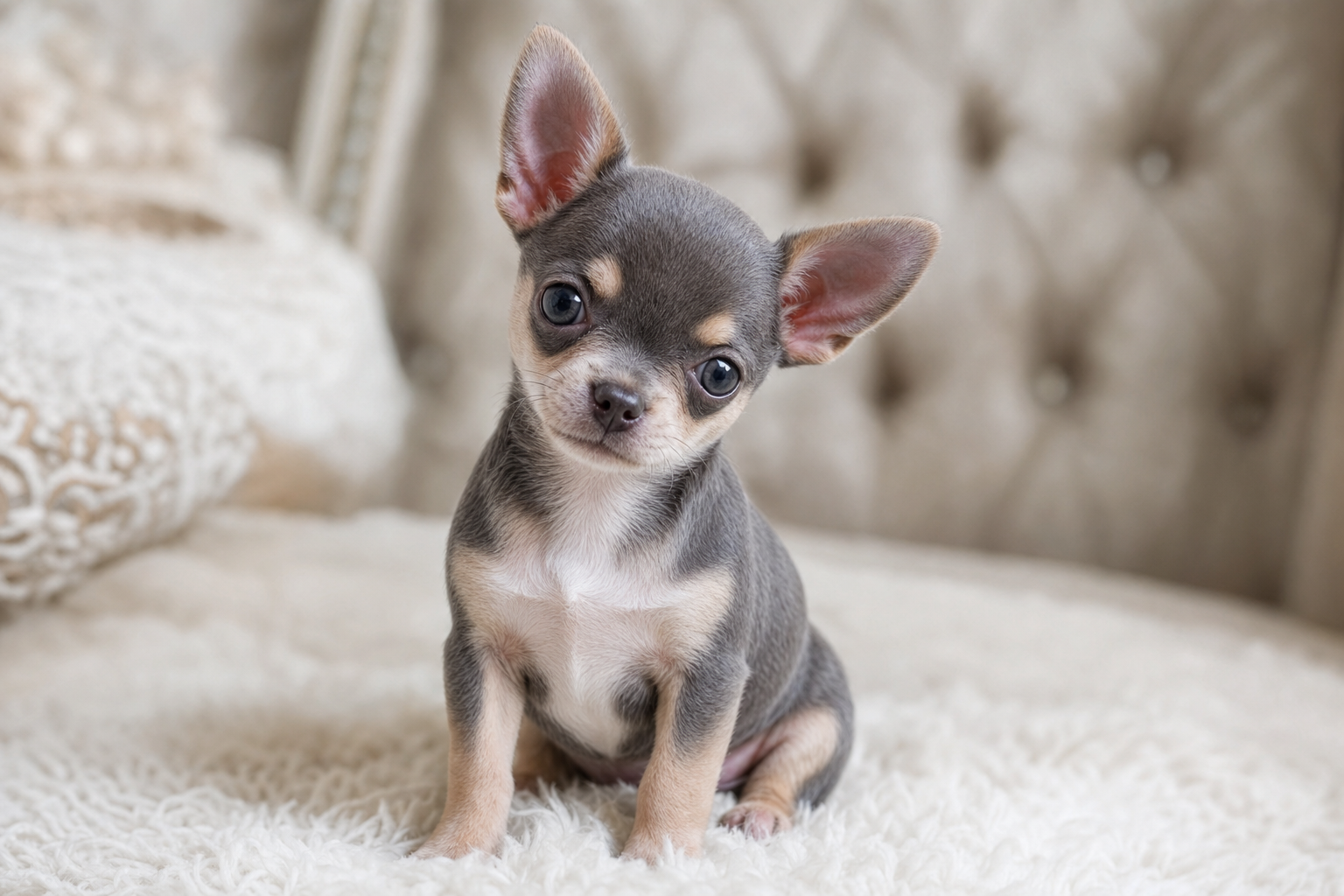 A healthy Apple Head Chihuahua puppy sits in a bright Washington D.C. apartment.
