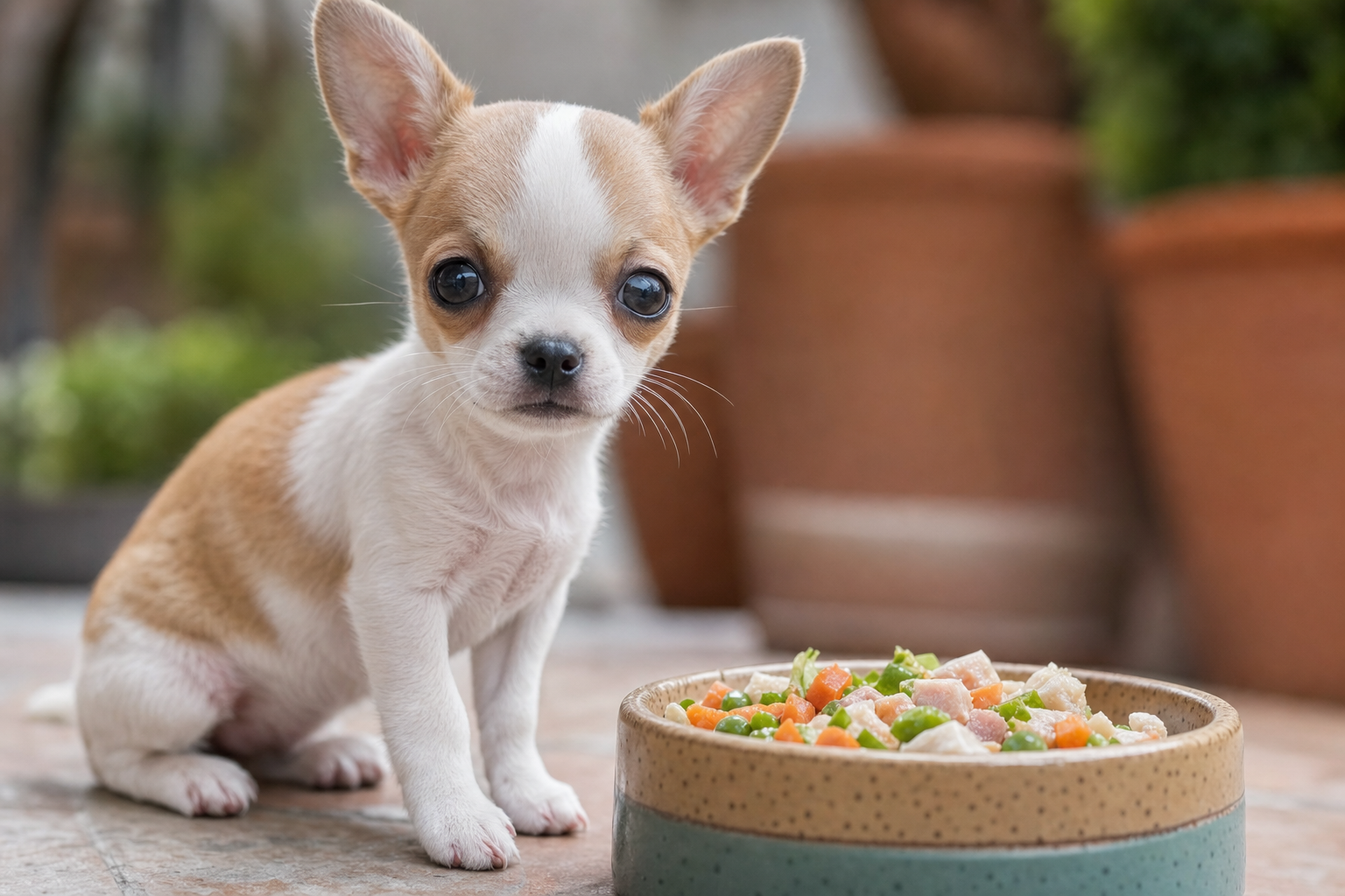 A healthy Apple Head Chihuahua puppy looking up from its food bowl filled with high-quality kibble in a clean kitchen.