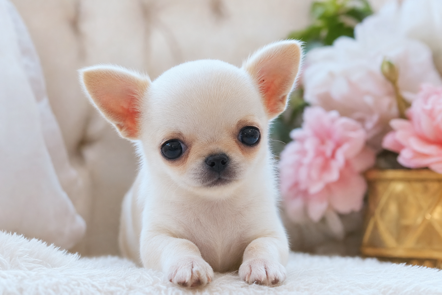A tiny, long-hair Teacup Chihuahua puppy for sale, looking at the camera, available for families in Boston, MA.