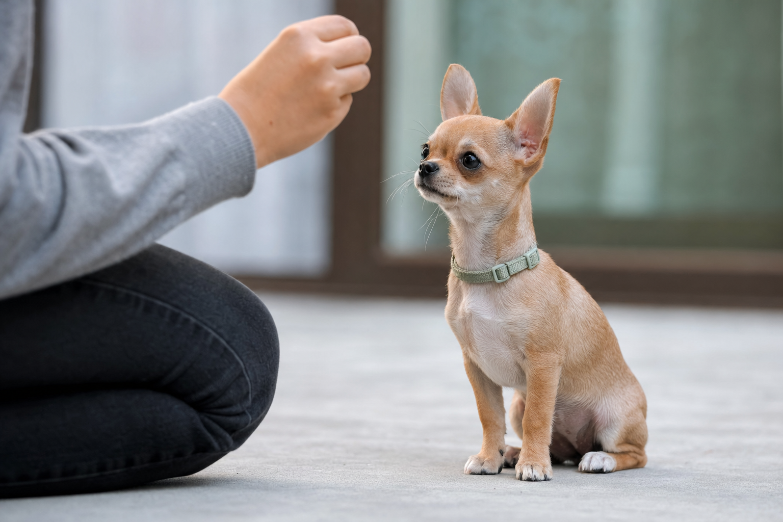 A long-hair Chihuahua puppy sitting attentively on a green lawn, looking up at its owner during a summer training session.