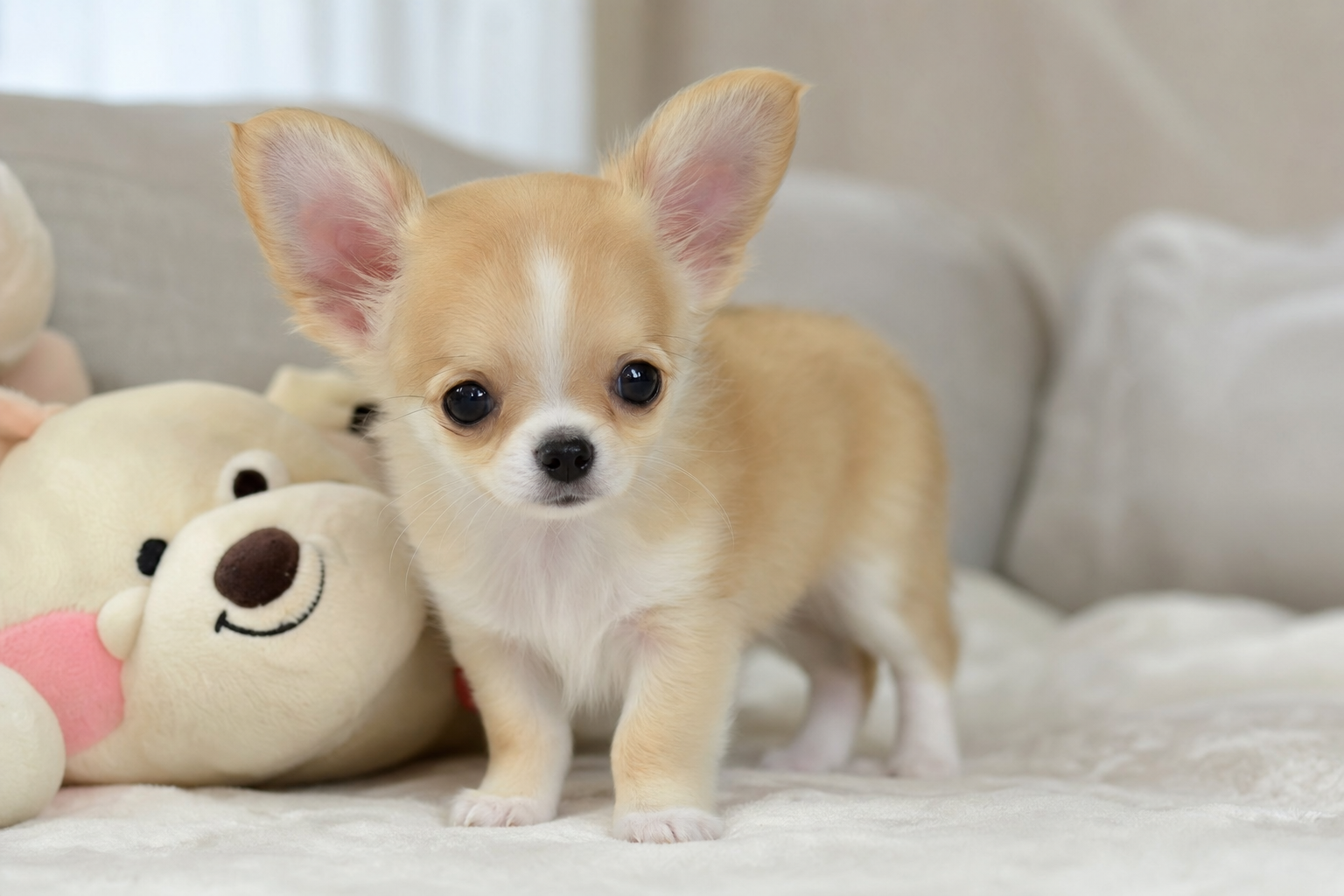 A beautiful Apple Head Teacup Chihuahua puppy from a Los Angeles breeder, looking alert and healthy.