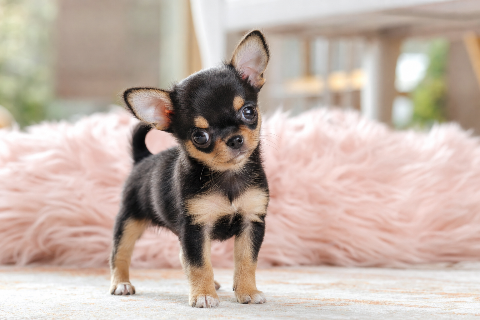 A beautiful long hair teacup Chihuahua puppy for sale in San Diego, sitting on a soft blanket.