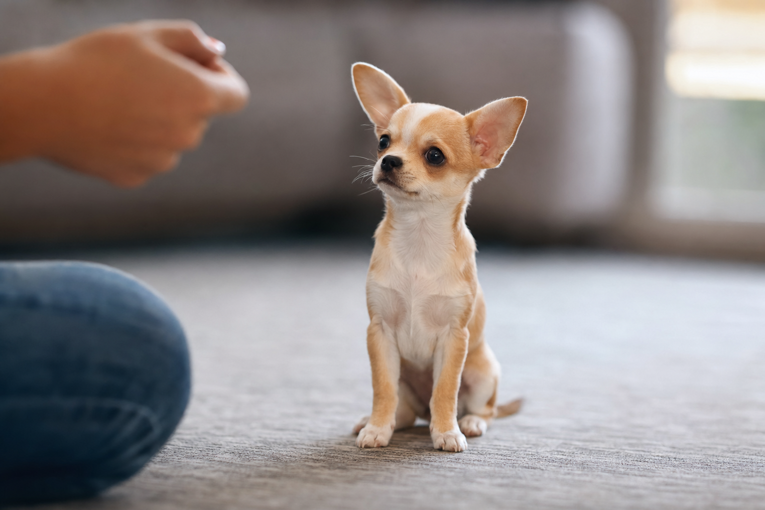 An Apple Head Chihuahua puppy sitting patiently on a soft blanket, looking up at its owner during a positive reinforcement training session.
