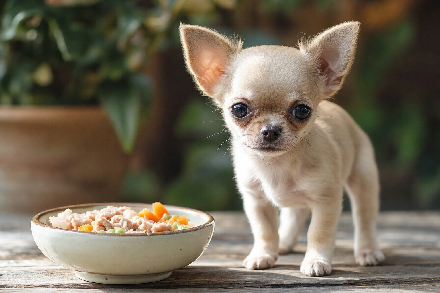 A healthy Long Hair Chihuahua looking up attentively next to its full food bowl, representing a proper feeding schedule.