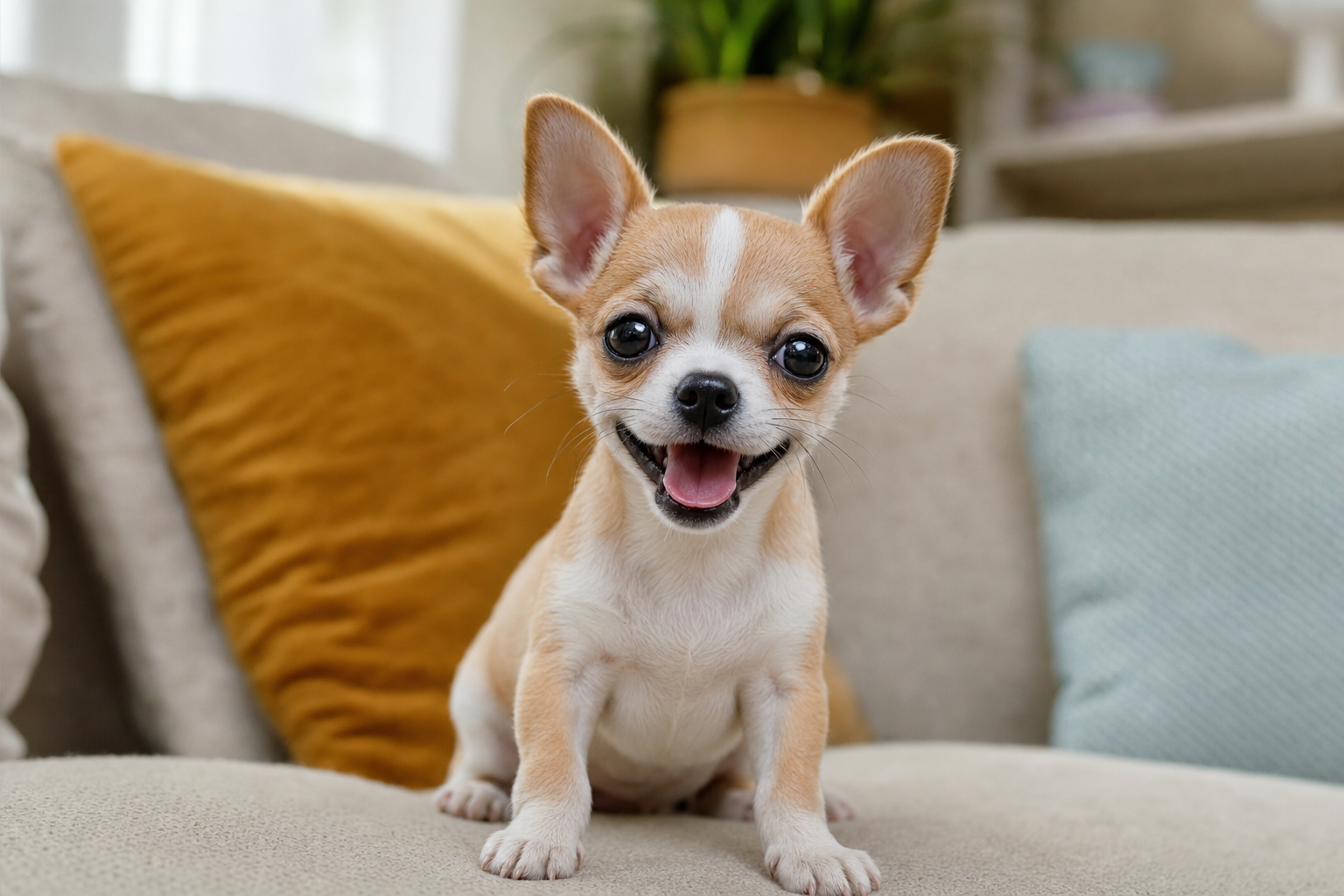 A tiny long hair Chihuahua puppy looking curiously at the camera while sitting on a soft, light-colored blanket indoors.