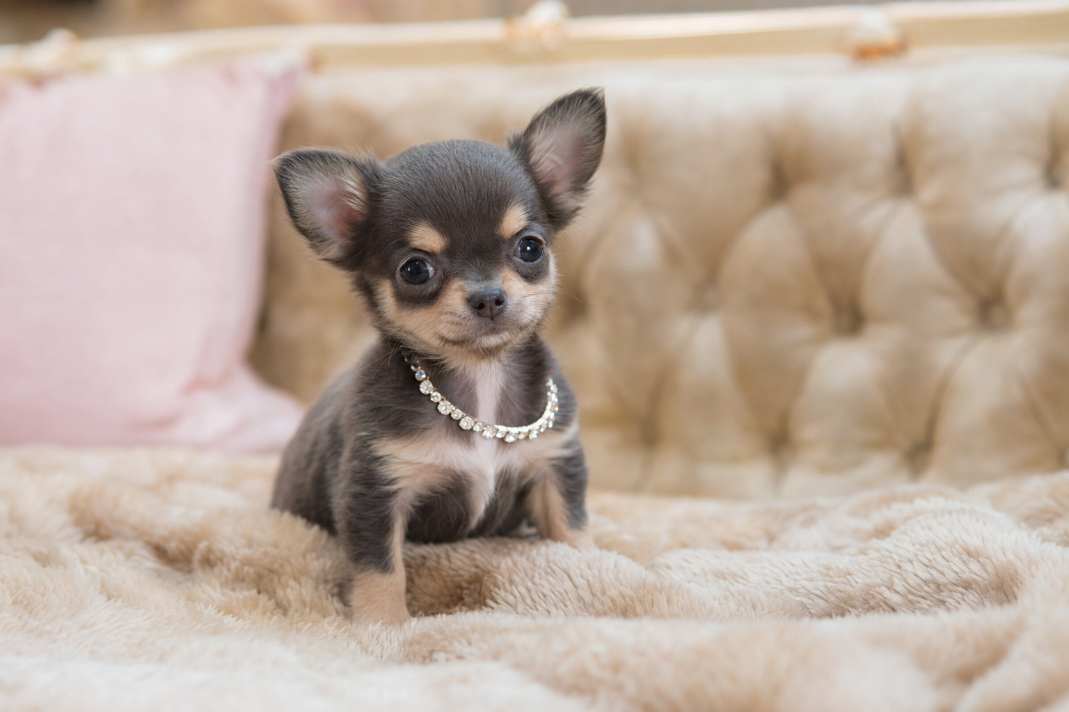 A healthy Miniature Chihuahua puppy for sale in San Bernardino, California, sitting attentively in a bright, modern home.