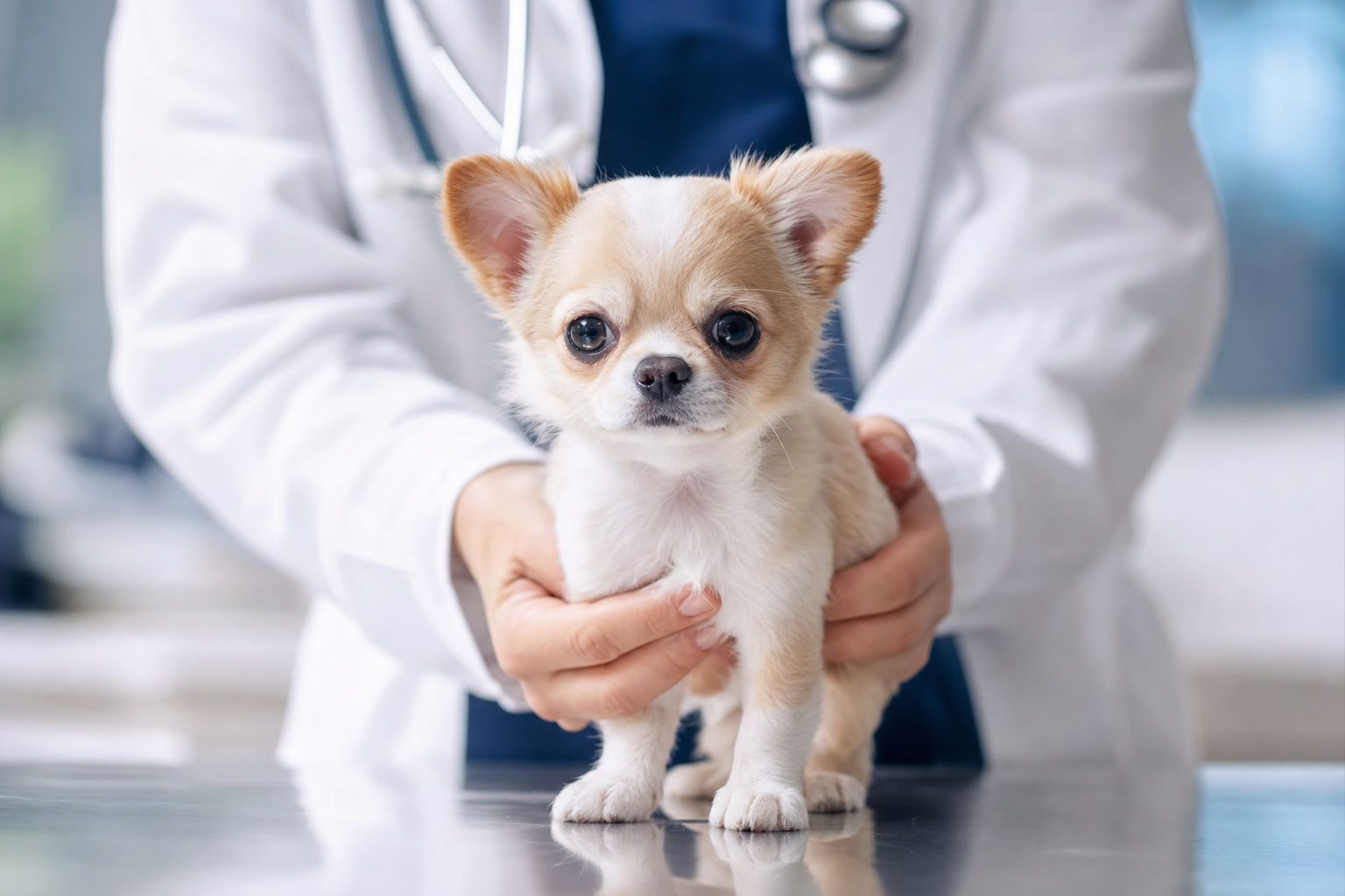 Healthy long-hair Chihuahua sitting attentively on a veterinarian's examination table during a checkup.