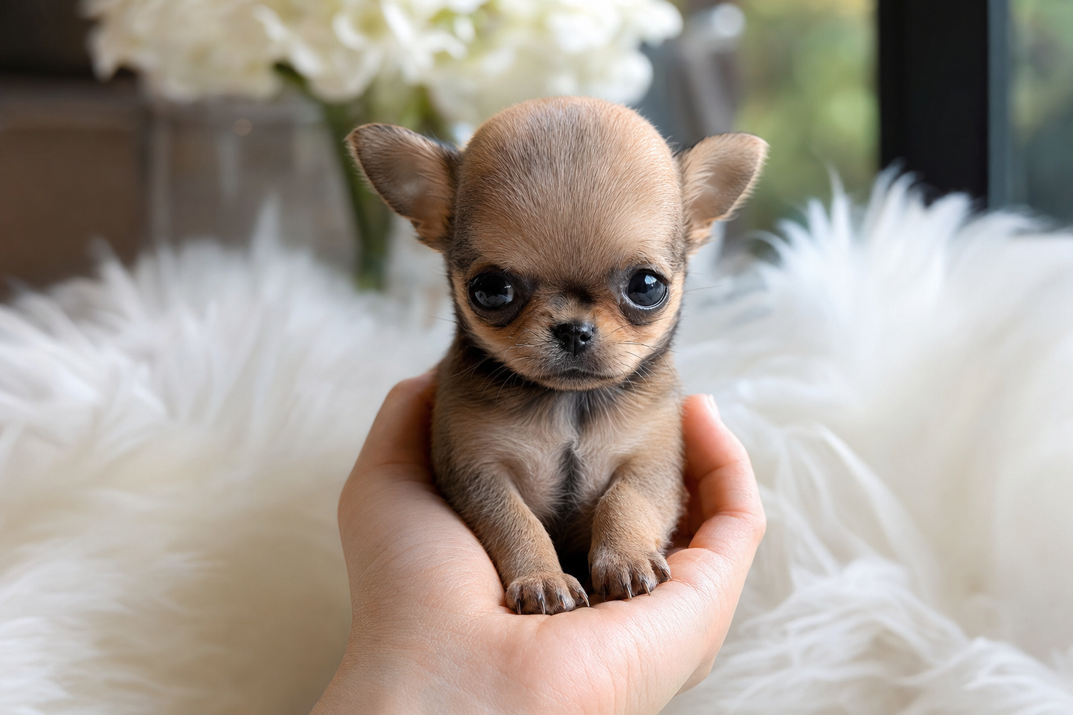 A healthy Miniature Chihuahua puppy sitting in a sunny Sacramento apartment, representing apartment-friendly Chihuahua puppies for sale in California.