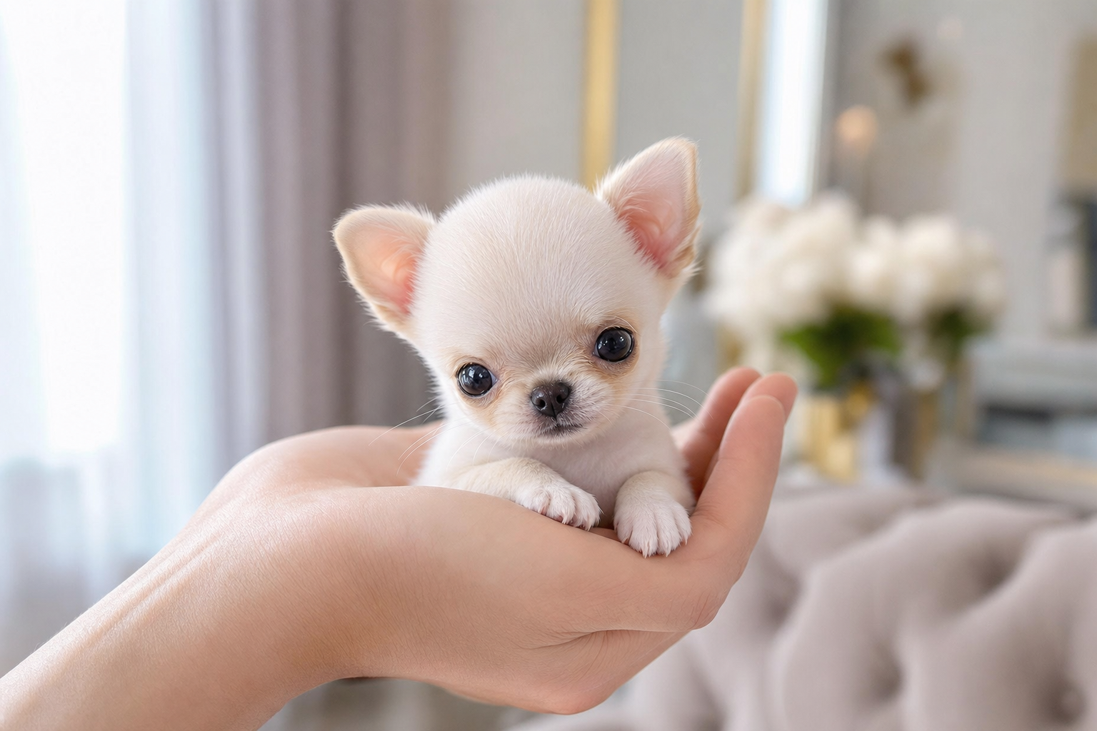 A beautiful long-hair Chihuahua puppy for sale in San Francisco, sitting attentively on a sofa in a bright, modern apartment.