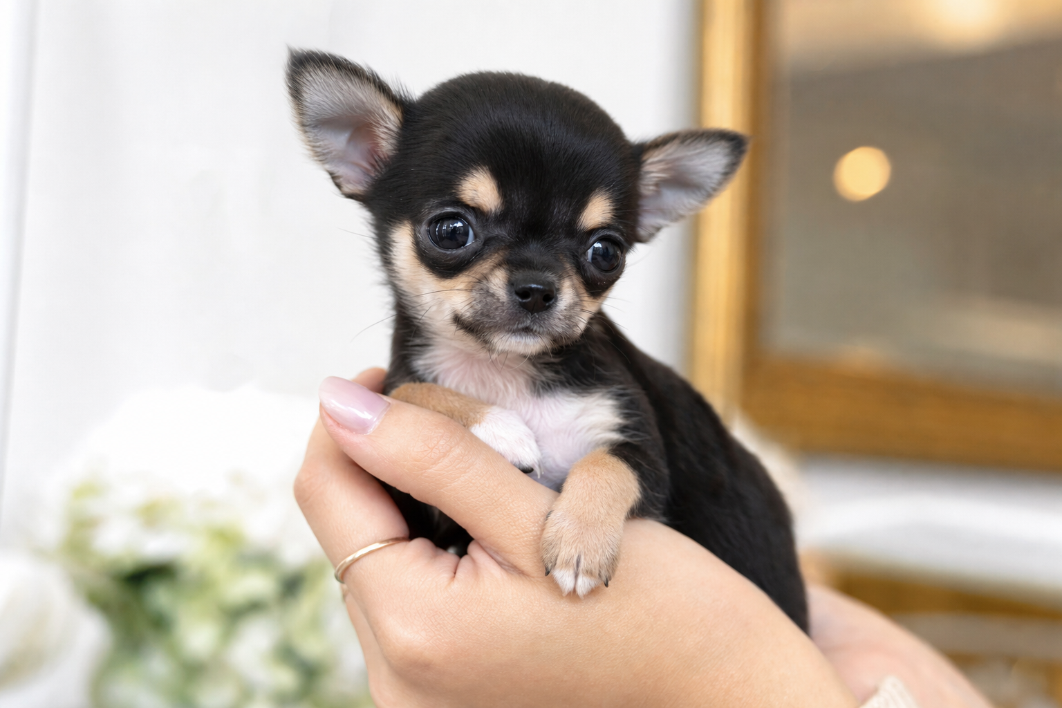 A beautiful Teacup Chihuahua puppy for sale in San Jose, California, sitting on a soft blanket.