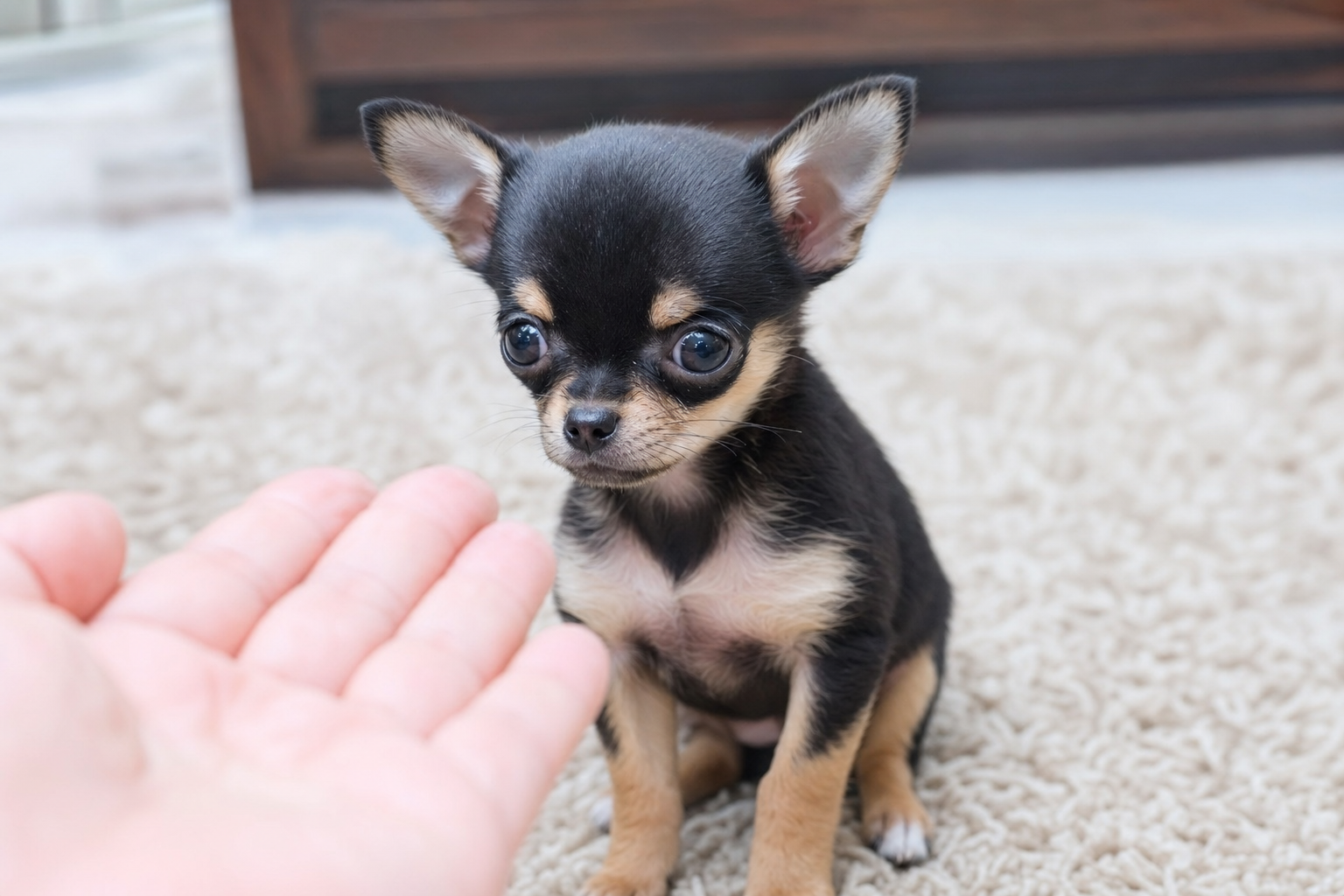 A focused long-haired Chihuahua puppy sitting attentively during a training session with its owner in a bright, modern living room.