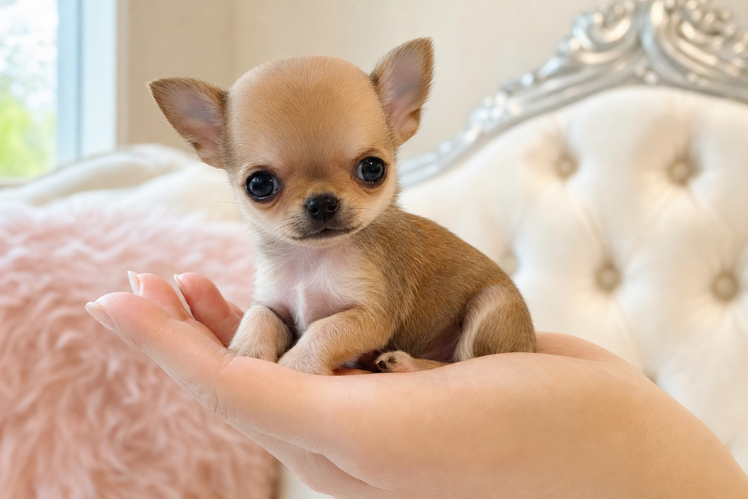 A beautiful long hair apple head Chihuahua puppy for sale in Fresno, California, sitting in a sunlit room.