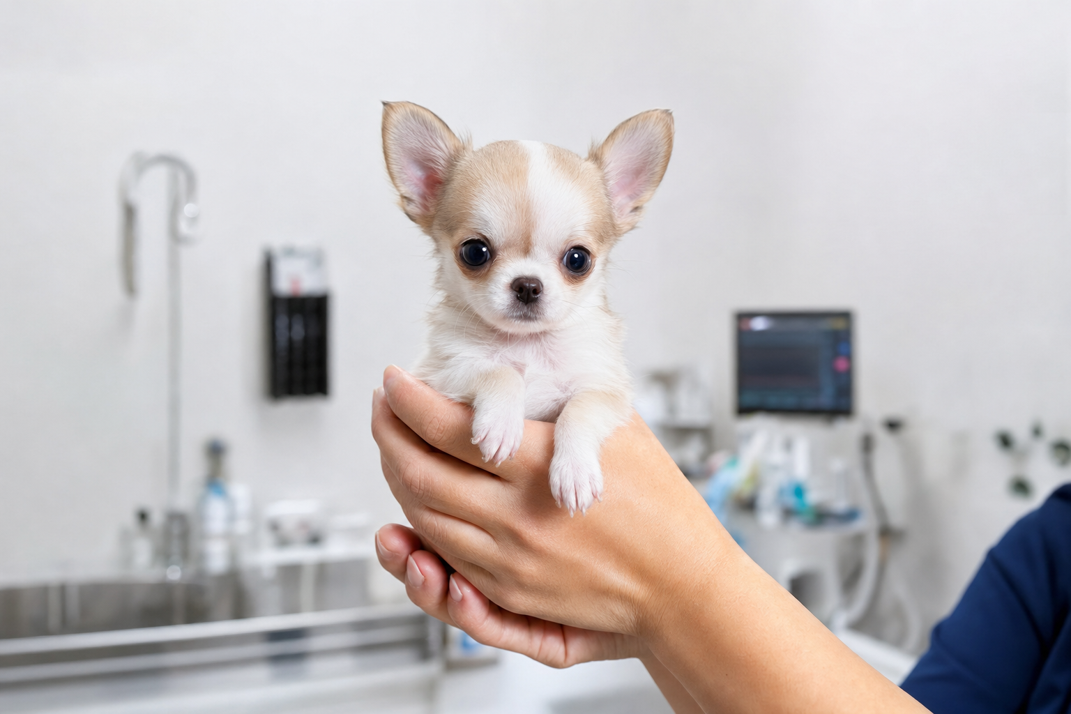 A healthy Long Hair Chihuahua puppy sitting attentively on a veterinarian's examination table during a checkup.