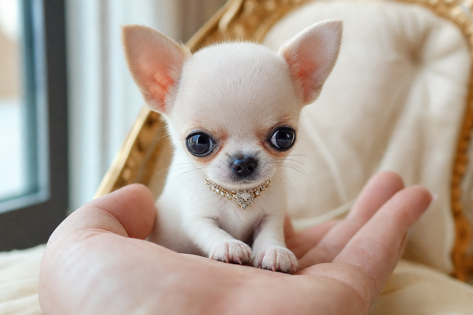 A tiny Apple Head Teacup Chihuahua puppy, representing the Miniature Chihuahua size, for sale in Palm Springs, CA.