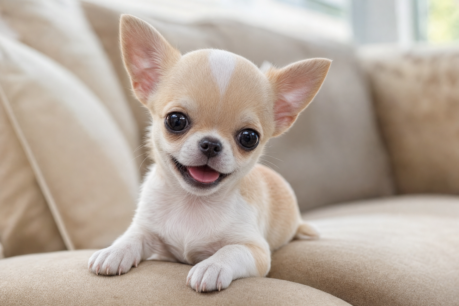 A tiny apple head Chihuahua puppy curiously exploring a soft blanket indoors, representing key developmental milestones.