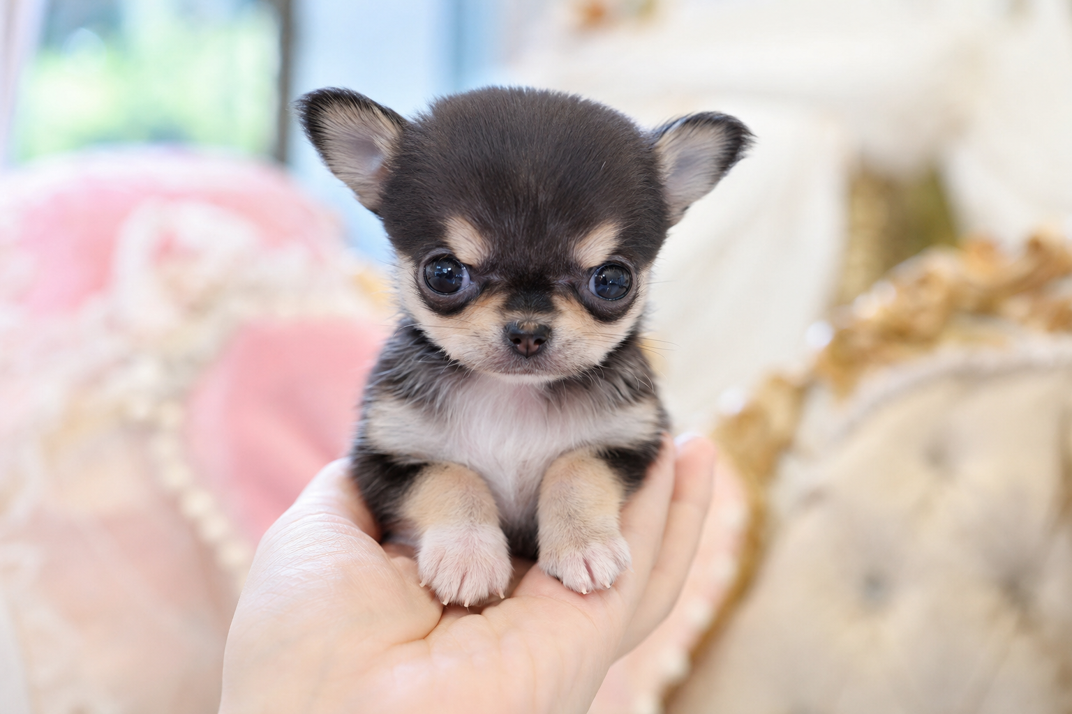 An adorable Apple Head Teacup Chihuahua puppy for sale in New York, NY, sits inside a luxury apartment.