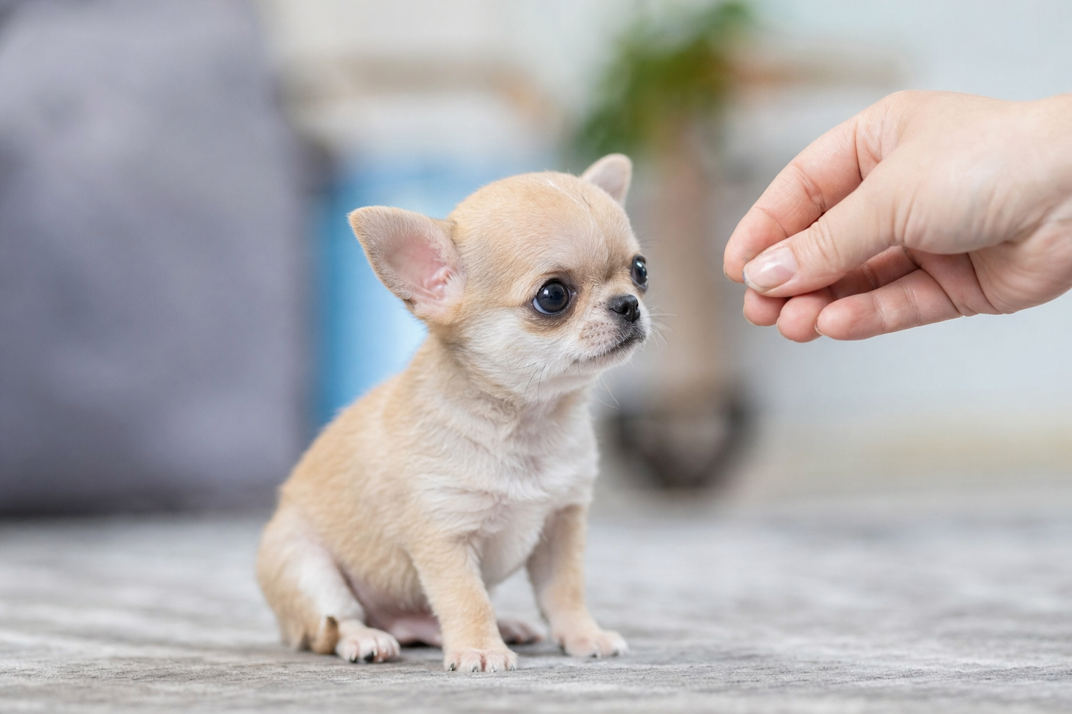 A long haired Chihuahua puppy sitting attentively on a green lawn, looking up at its owner during a training session.