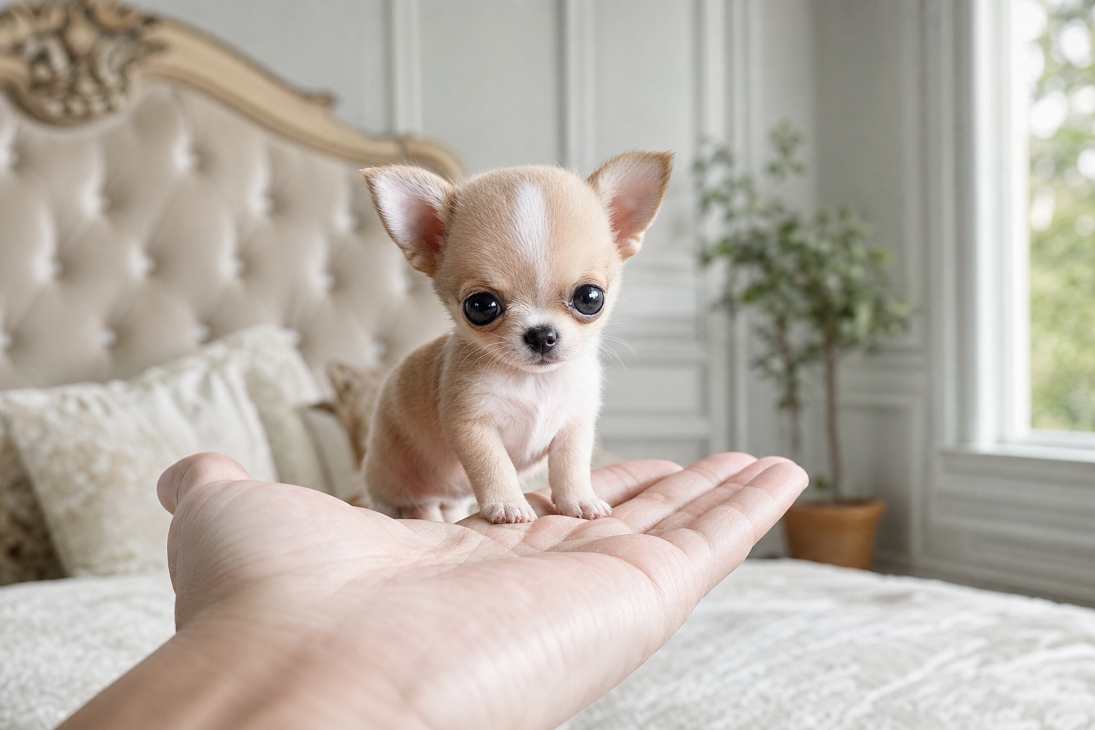 A tiny Apple Head Teacup Chihuahua puppy enjoying the Miami sun, representing the cost of owning one in Florida.