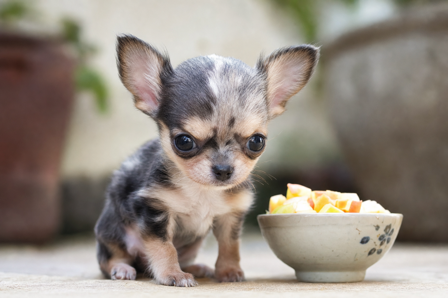 A long hair Chihuahua puppy carefully eating kibble from a small blue bowl on a clean floor.