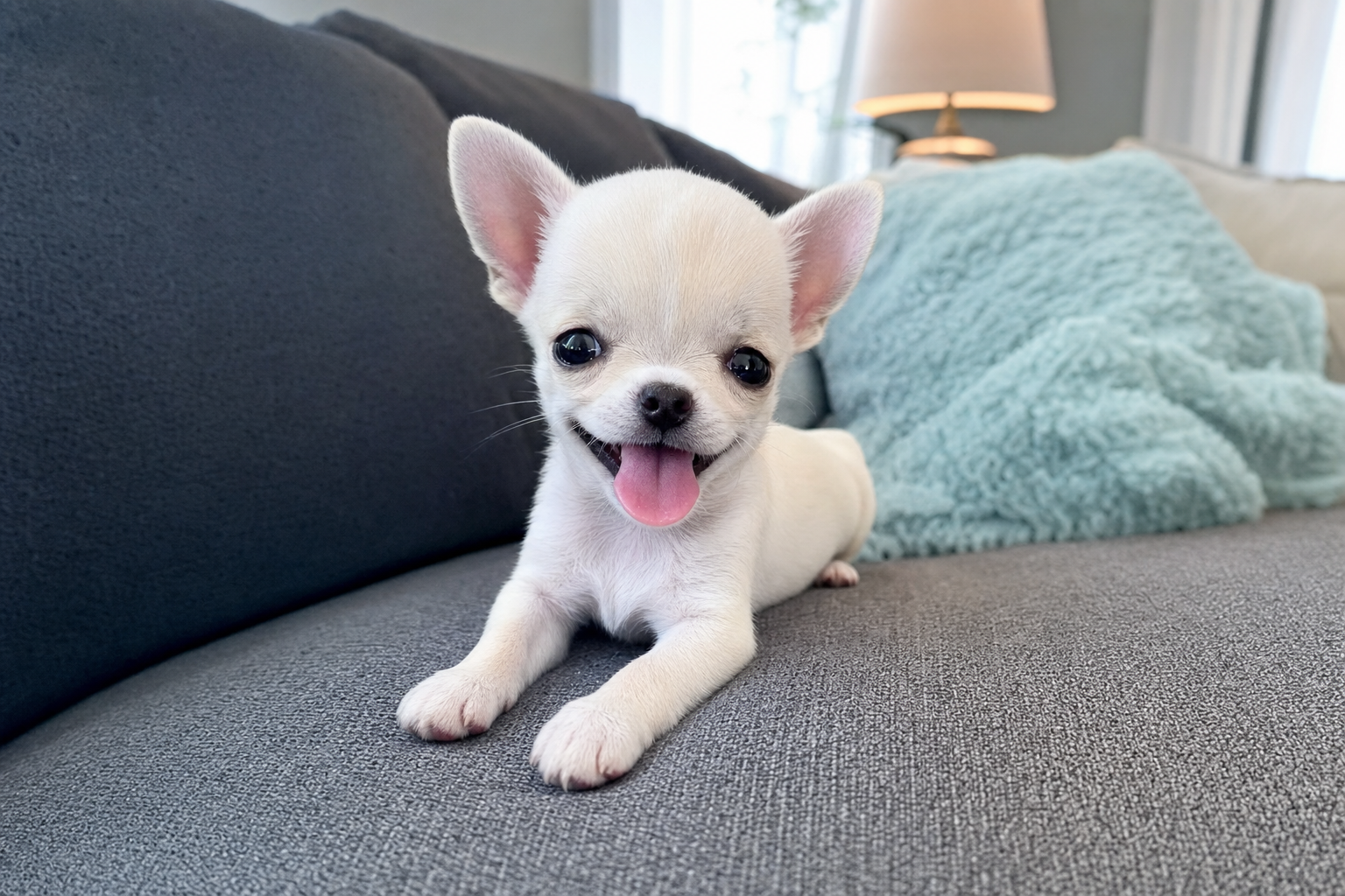 A tiny, happy Apple Head Chihuahua puppy with big ears playing gently on a soft blue blanket in a well-lit room.