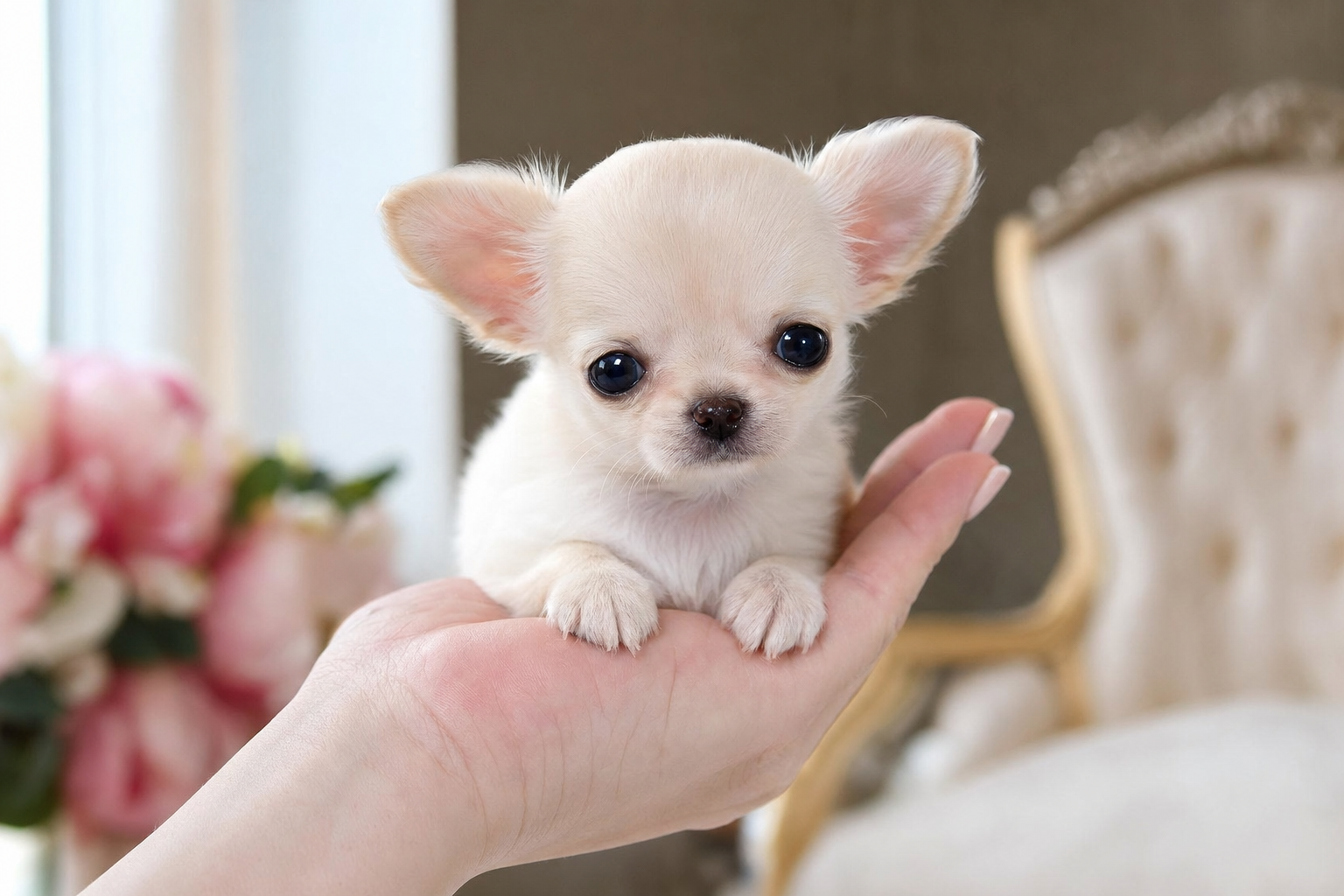 A tiny Apple Head Teacup Chihuahua puppy for new owners in Houston, sitting on a soft blanket.