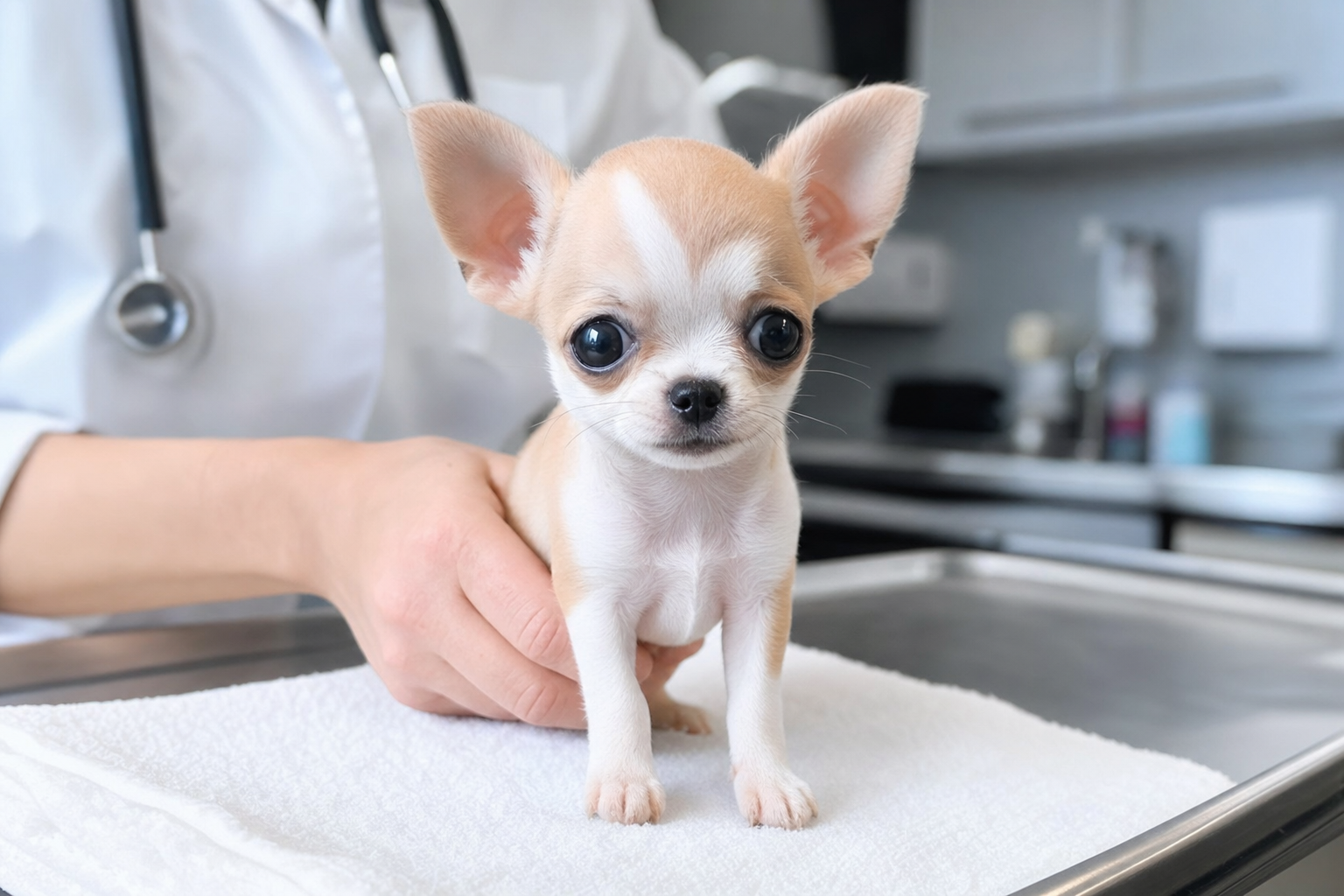 A healthy long hair Chihuahua puppy sitting attentively during a vet check-up, with a stethoscope visible.