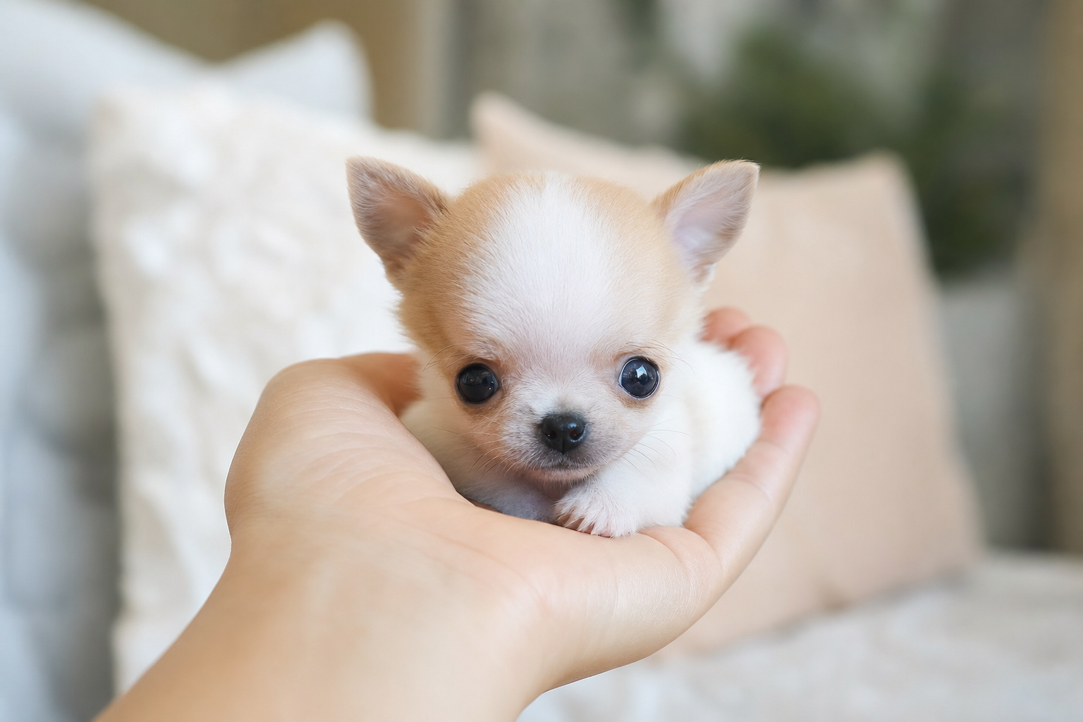 Woman holding a tiny Apple Head Teacup Chihuahua puppy, representing what to ask a Chihuahua breeder before buying.