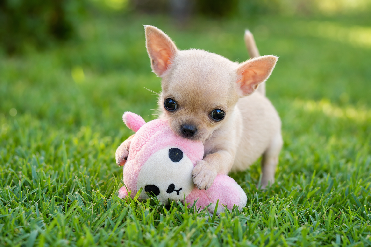 A happy long-haired Chihuahua puppy playing with a colorful puzzle toy on a soft green lawn in the summer sun.