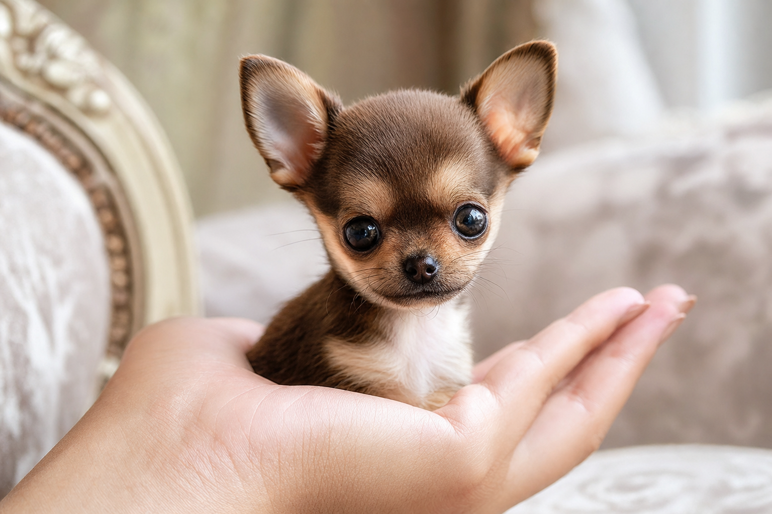 A healthy Long Hair Teacup Chihuahua puppy from a reputable breeder, sitting in a brightly lit room in Washington, DC.