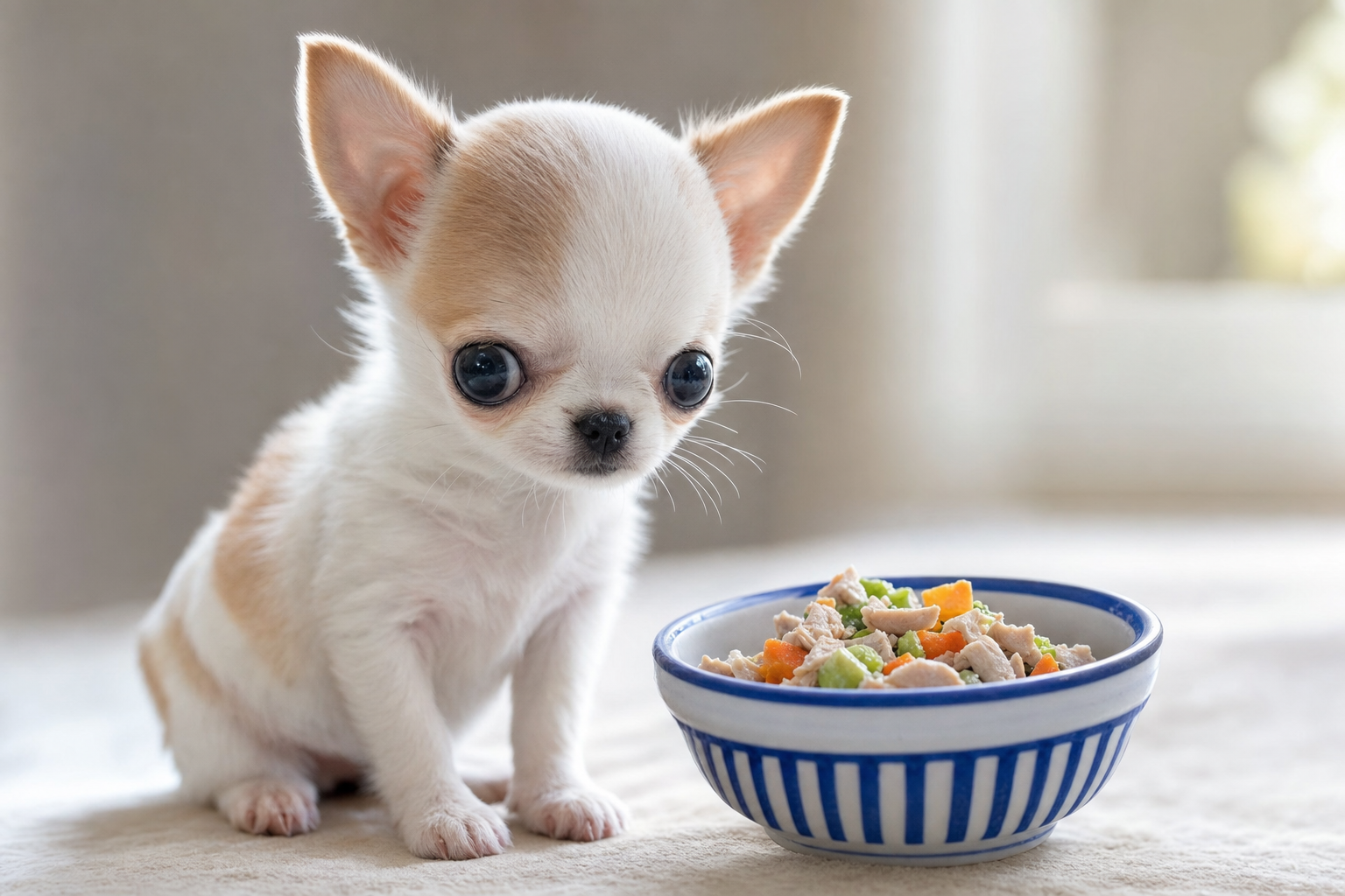 A small Apple Head Chihuahua puppy carefully eating kibble from a shallow bowl, illustrating proper feeding for the breed.
