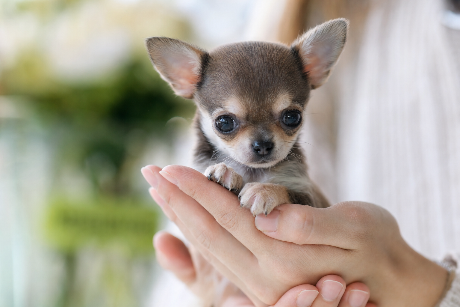 A beautiful long-hair teacup chihuahua puppy with a sweet expression, ready for reservation.