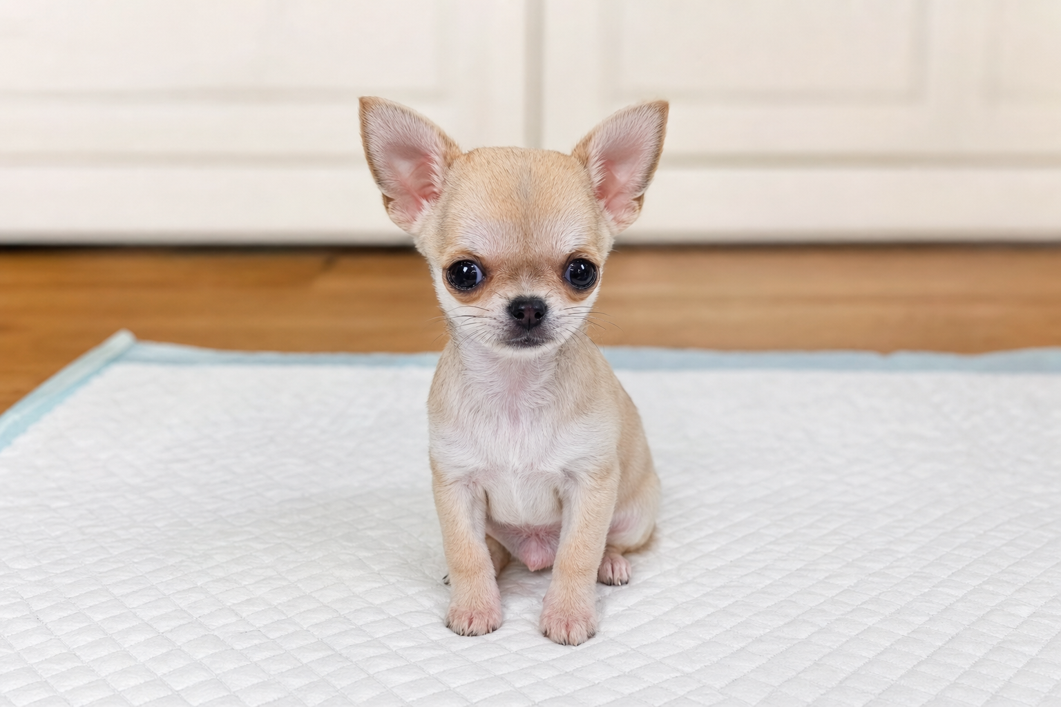 A long-haired Chihuahua puppy sitting attentively during a training session with its owner in a sunny park.