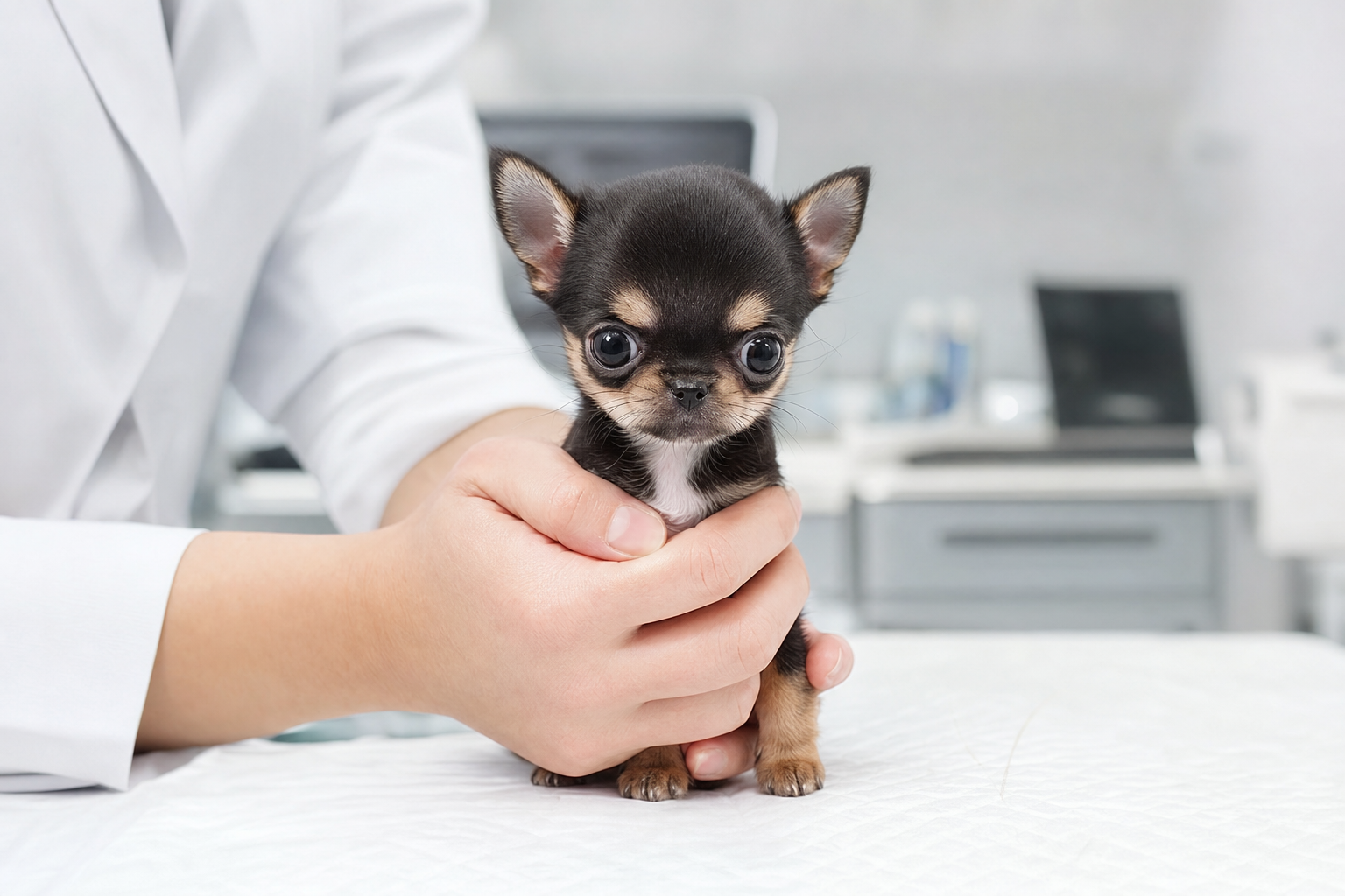 A healthy long-hair Chihuahua puppy sitting attentively on a vet's examination table during a wellness check-up.