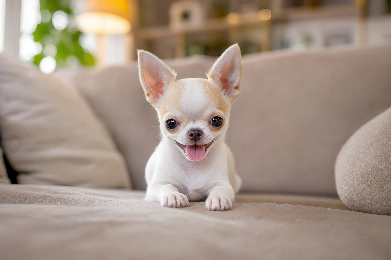 A healthy, alert Apple Head Chihuahua puppy sitting on a soft blanket, looking curiously at the camera.