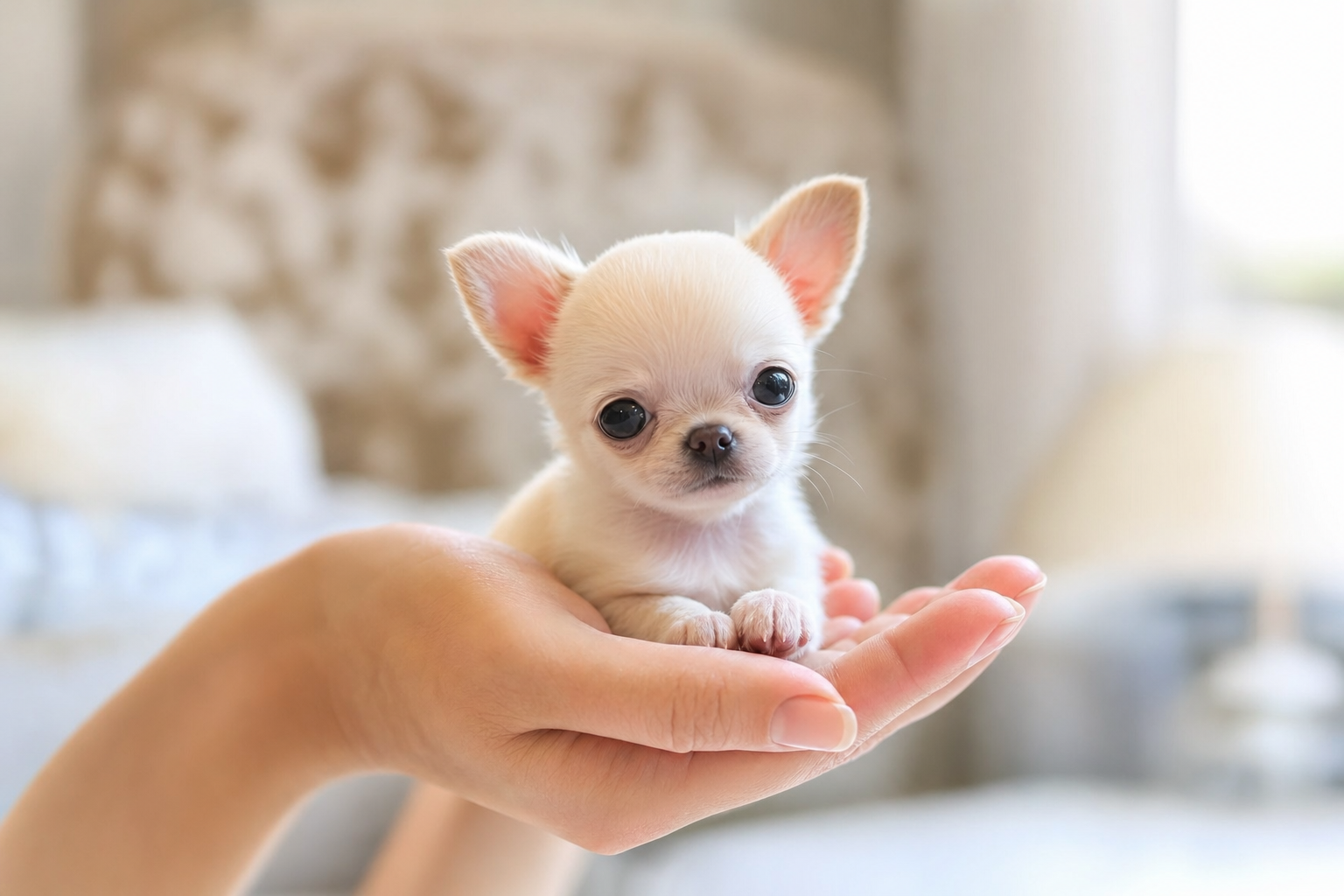 A long-hair Chihuahua puppy sitting inside a modern home in Atlanta.