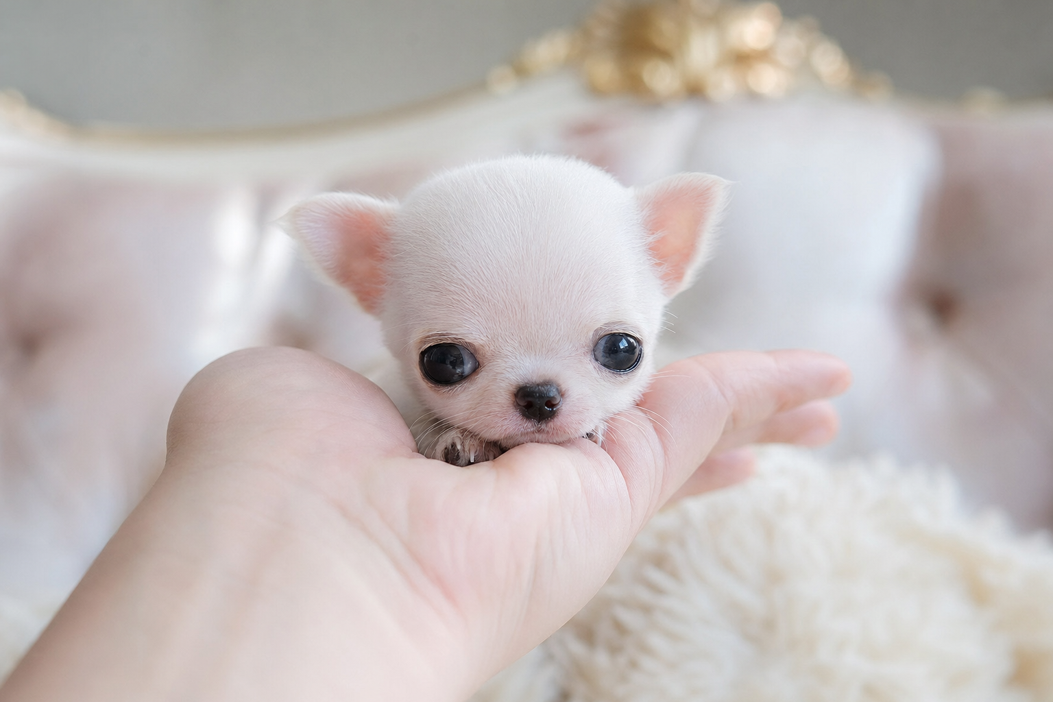 A beautiful long hair Chihuahua puppy, part of a boutique Chihuahua puppy reservation, sits on a soft blanket.