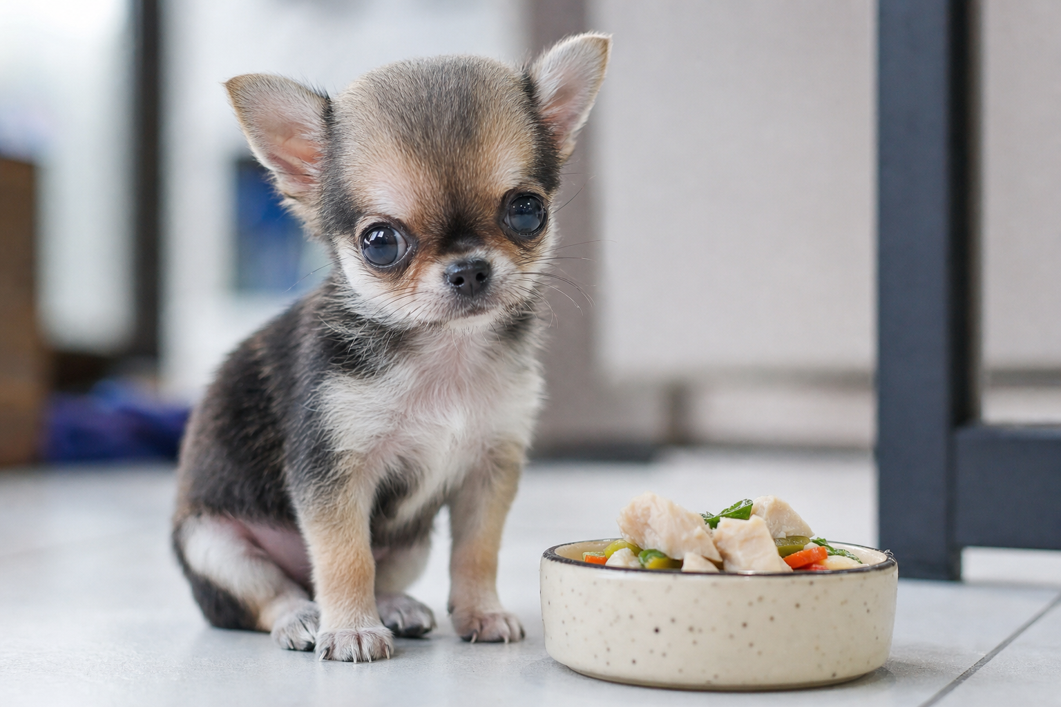 A healthy Long Hair Chihuahua puppy eating from a small food bowl, illustrating a proper feeding schedule and nutrition.
