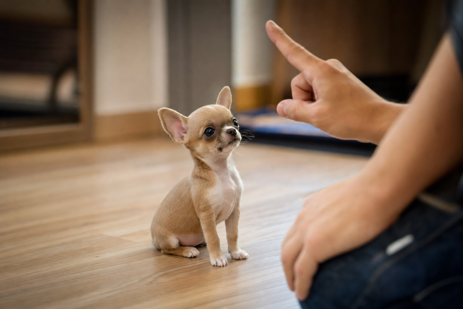 A small long hair Chihuahua puppy looking up inquisitively while sitting on a training pad inside a comfortable home.