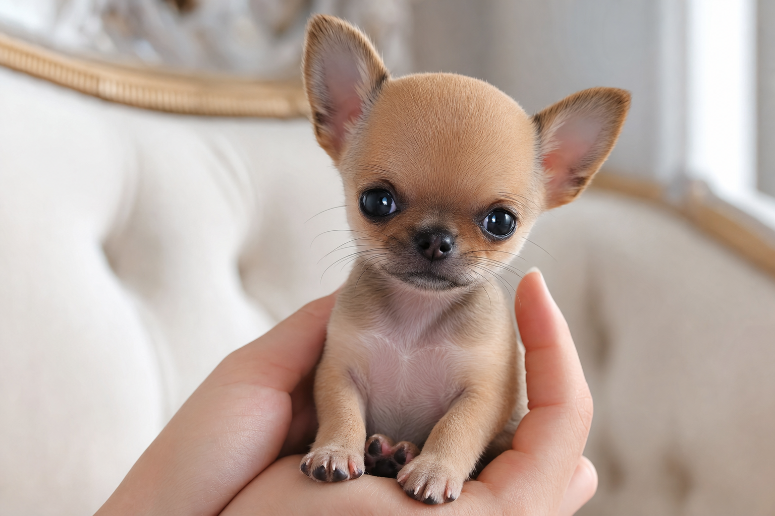 An adorable Apple Head Chihuahua puppy sitting next to its health records and sale contract paperwork from a reputable breeder.