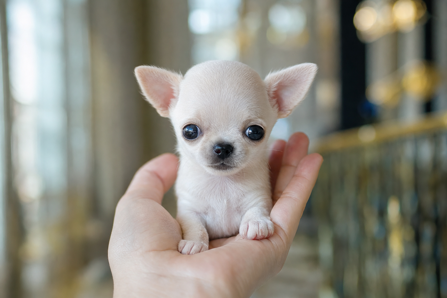 A tiny, healthy Apple Head Chihuahua puppy sitting on a rug, contemplating the need for pet insurance for Chihuahua puppies.