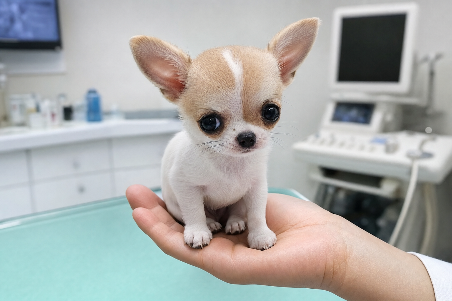 A healthy Long Hair Chihuahua puppy sitting attentively in a bright, clean room, looking alert and happy.