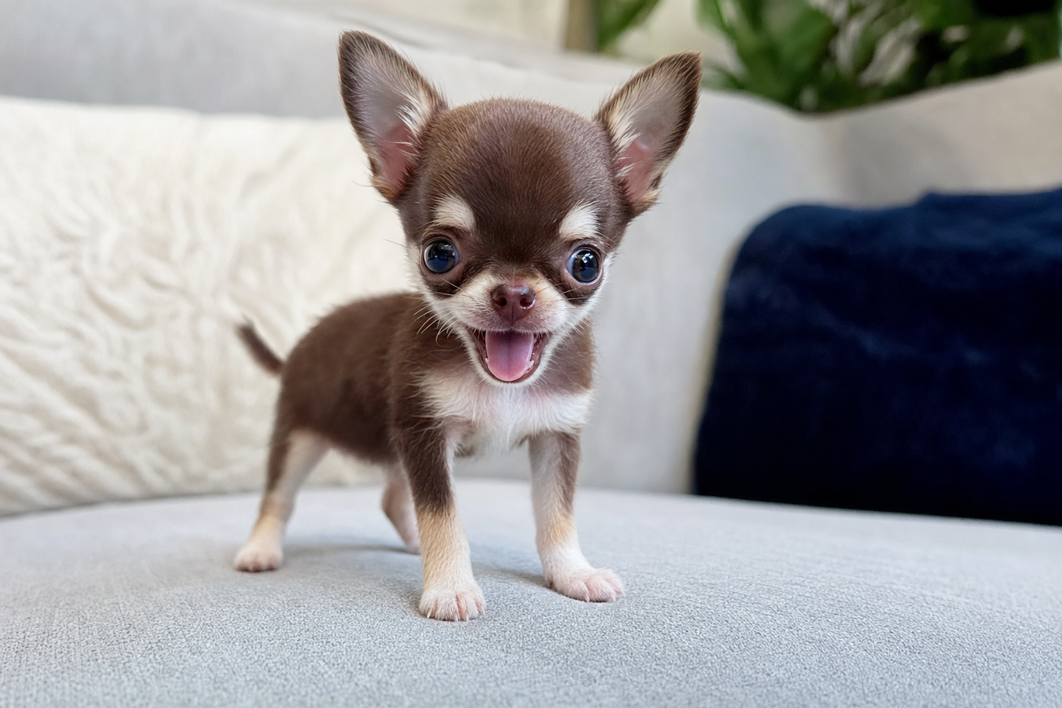 A happy long hair Chihuahua puppy playing with a toy on a soft blanket indoors, representing puppy milestones.